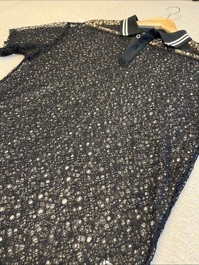 Men’s Black Crochet /Lace Polo w/ Striped Collar